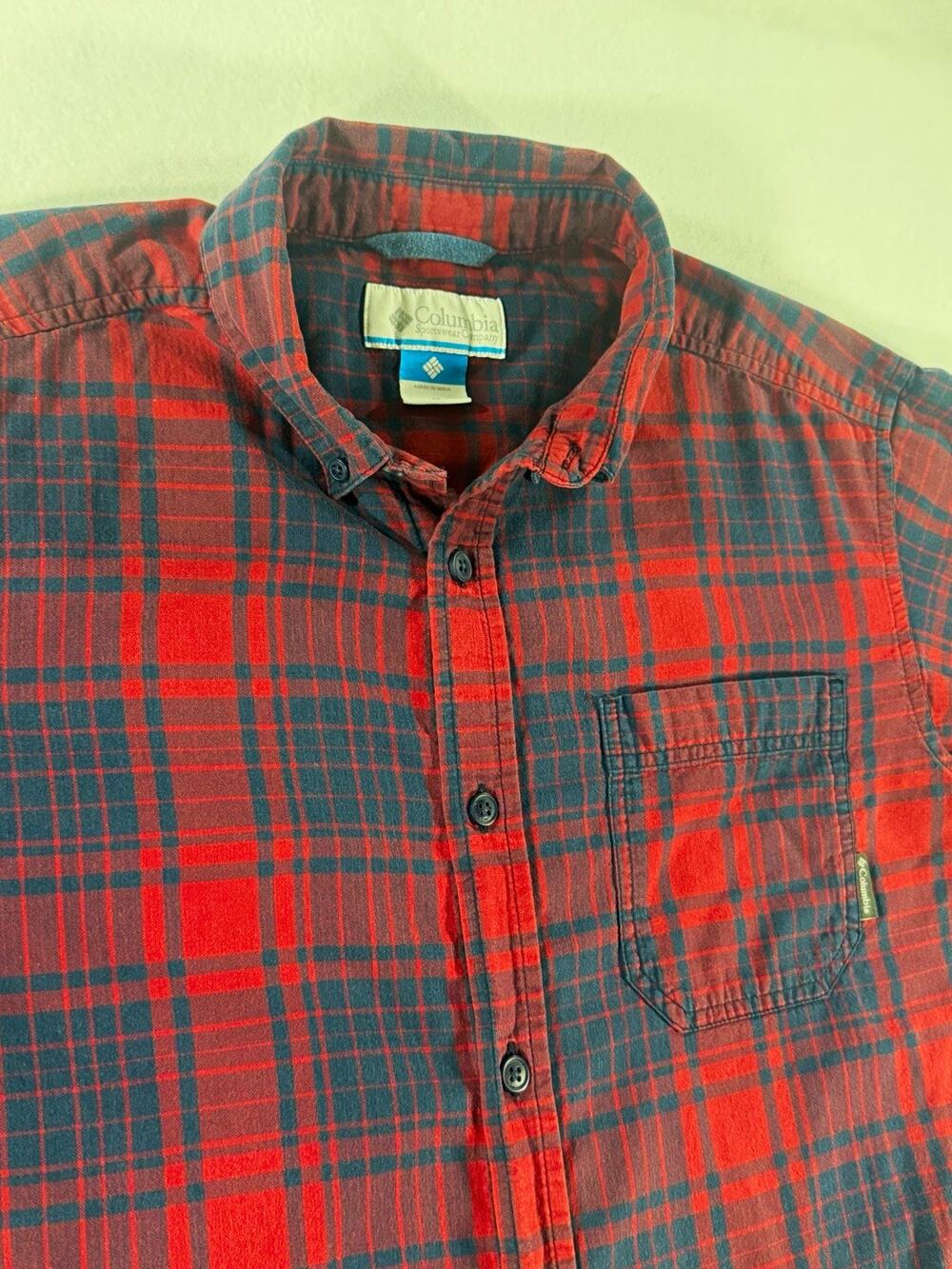 Columbia Men’s M Red Navy Plaid Flannel Shirt Long Sleeve 100% Cotto